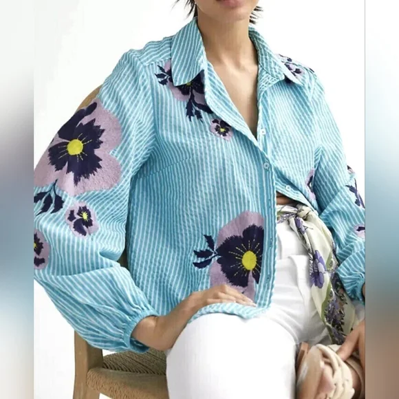 Anthropologie Maeve Floral Embroidered Buttondown Shirt Size XL Preppy - Picture 3 of 14